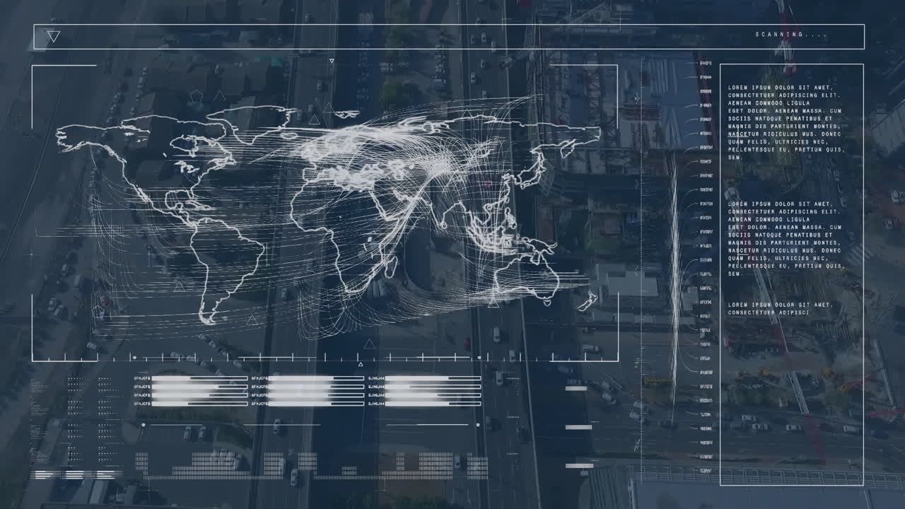 Animation of data processing and scanning over cityscape