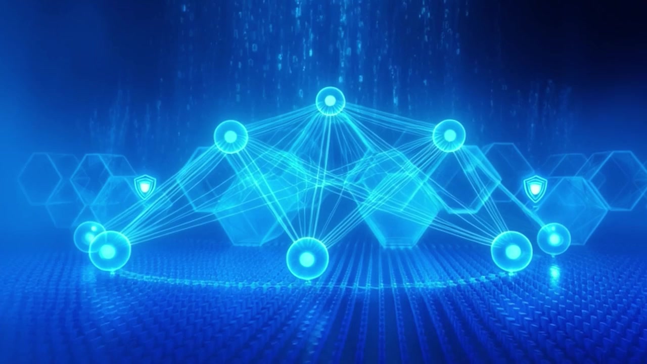 Digital Network Connection with Glowing Hexagons and Data Nodes