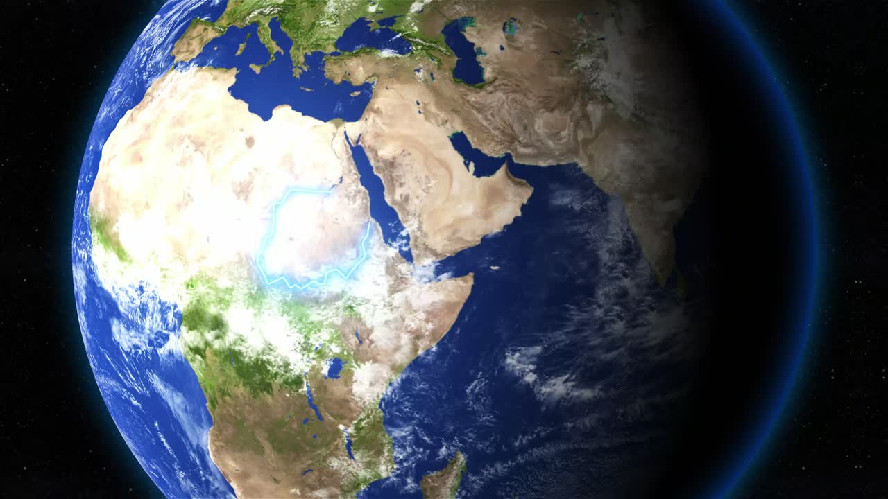 Land Area Of Sudan Highlighted In Blue Outline In Earth From Space. - graphics