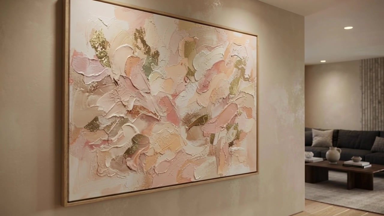 Bevægeligt kamera afslører et indrammet abstrakt impasto-maleri i stuen, der viser tekstur og en sofa.