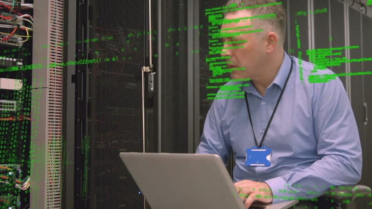 Animation of data processing over caucasian man using laptop in server room