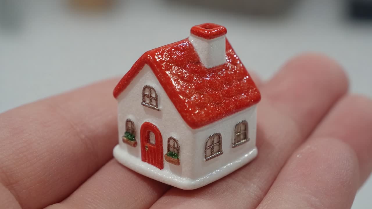 Une charmante figurine de maison miniature tenue à la main, présentant des détails ravissants de son toit rouge, de ses petites fenêtres et de sa conception chaleureuse, parfaite pour les collectionneurs et les passionnés de décoration.