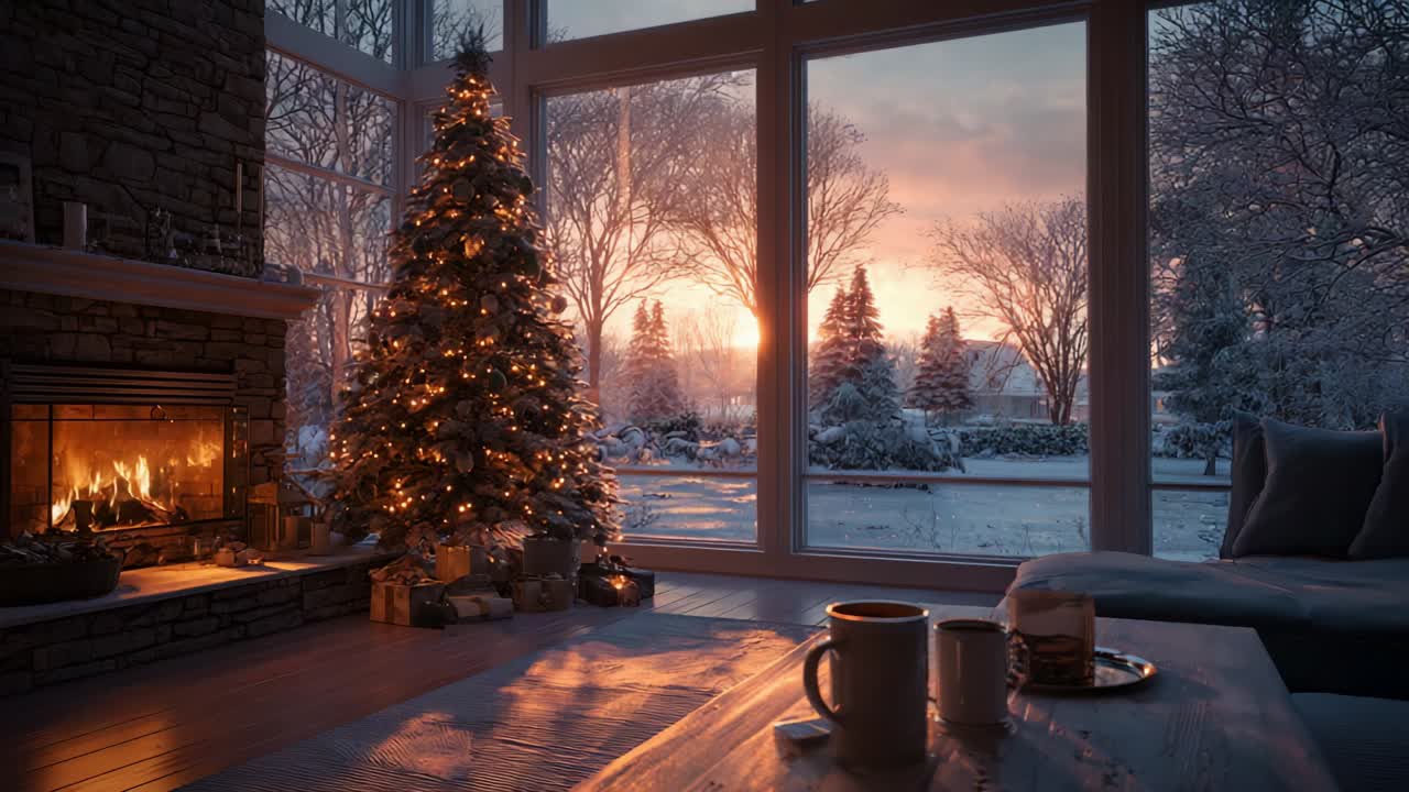Cozy Winter Evening by the Fireplace with a Christmas Tree Illuminated by Soft Lights, as the Sun Sets Over the Snowy Landscape Through a Large Window, Creating a Warm and Inviting Atmosphere