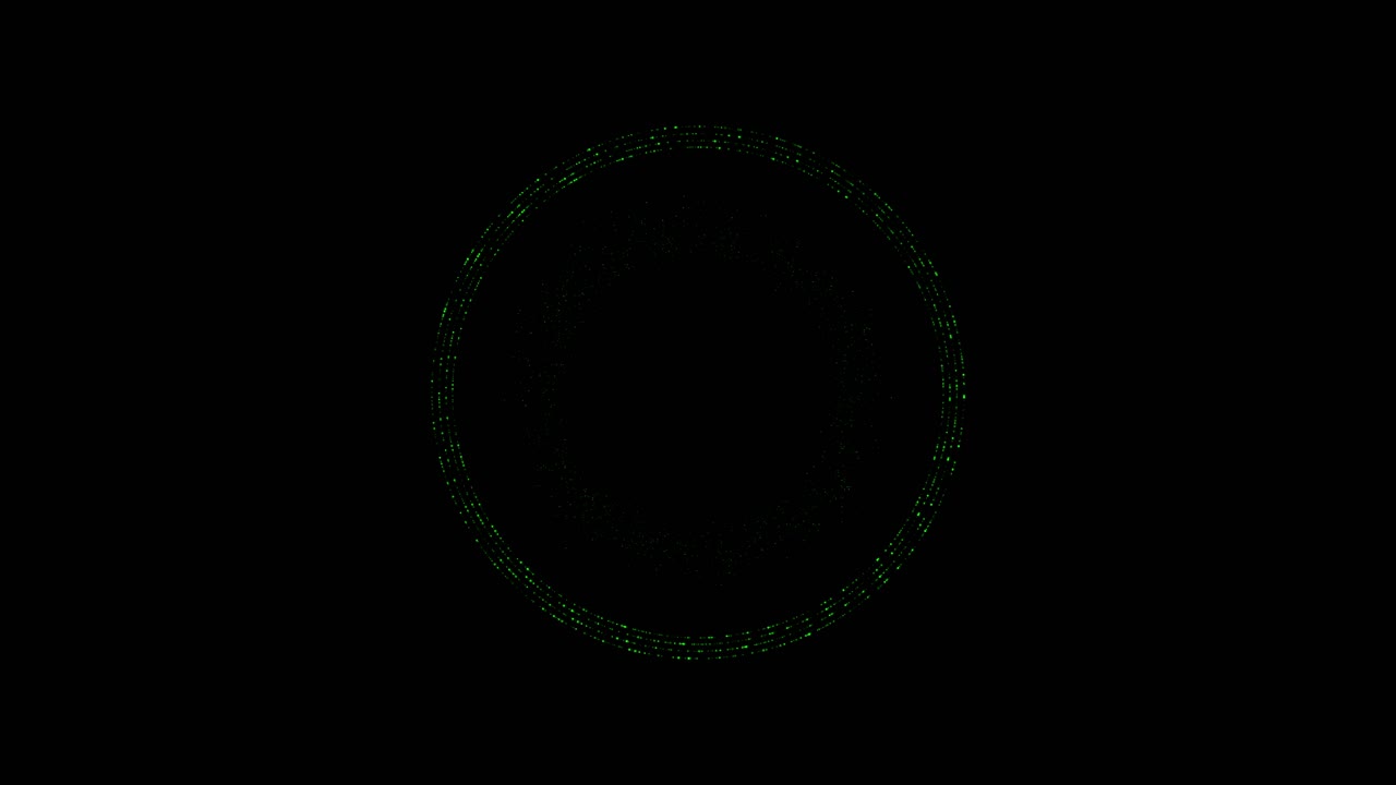 Abstract green particle circle on black background. Glowing digital particles form an evolving circular shape, ideal for overlays, intros, or futuristic concepts. Seamless loop