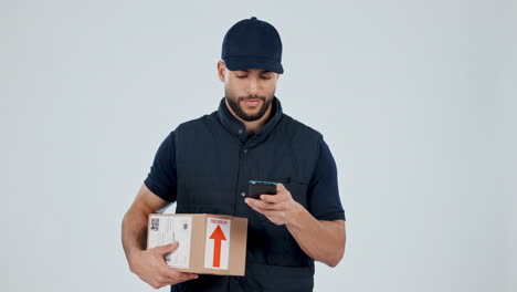 Delivery-man,-box-and-phone-for-e-commerce