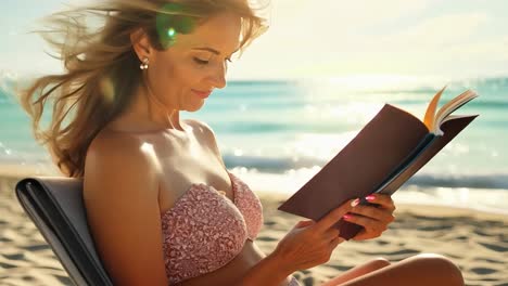 mujer leyendo un libro en la playa