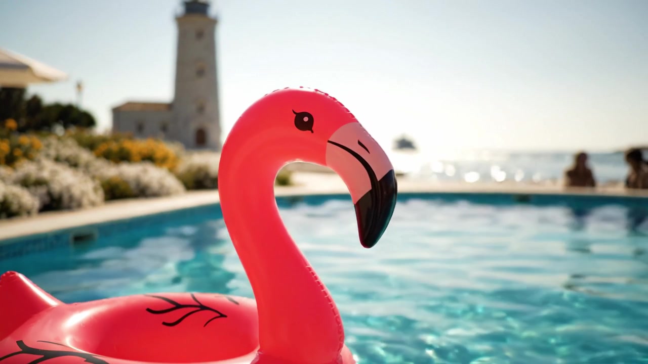 A Bright Pink Flamingo Float in a Picturesque Pool with a Lighthouse and Coastline in the Background During a Sunny Day by the Water