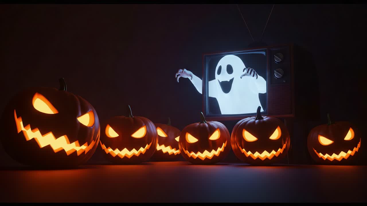 A Spooky Halloween Scene Featuring Creepy Jack-o'-Lanterns and a Ghostly Figure on a Vintage Television Screen Illuminating the Dark Atmosphere