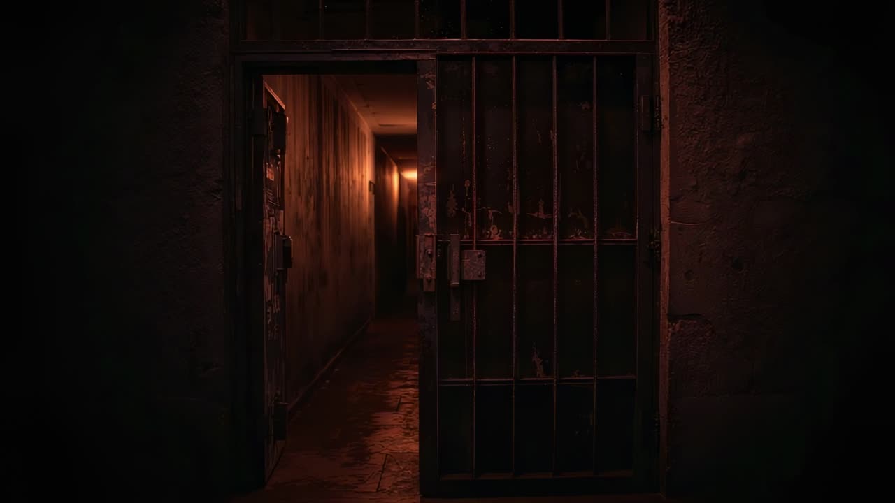 Camera stabilizing, peeking through barred gate, revealing hinged door, amber lamp, scuffed floor