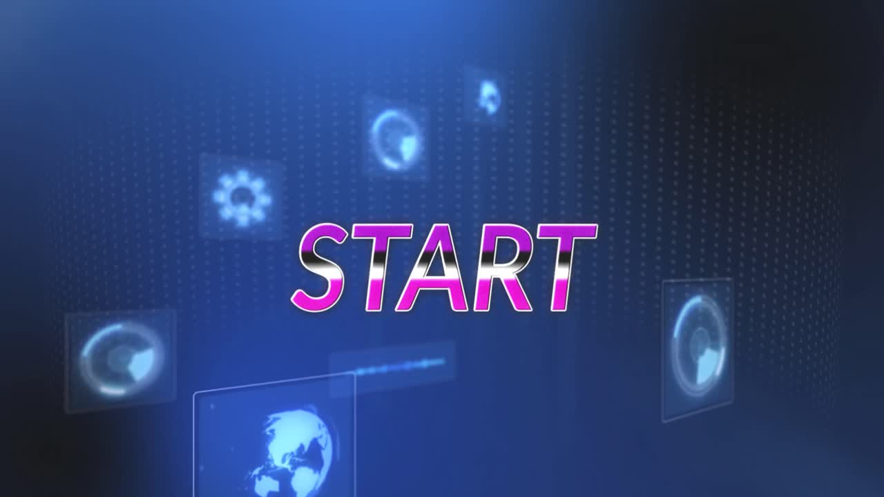 animación del texto de inicio y el procesamiento de datos sobre fondo azul