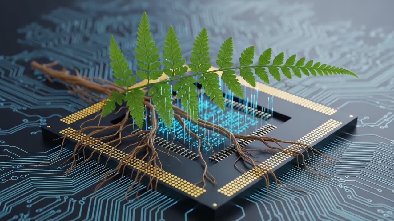 A captivating fusion of nature and technology, showcasing a vibrant fern growing from a computer chip, symbolizing innovation and the merging of digital and organic worlds