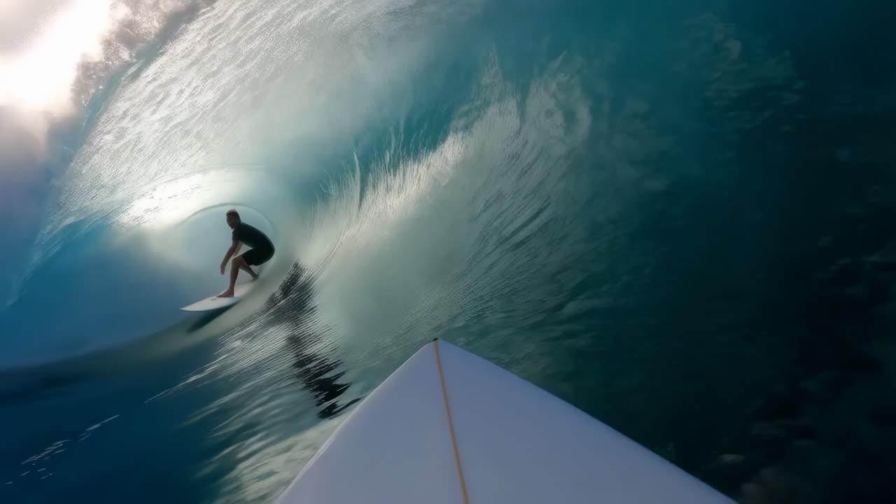 Surfer inside a massive ocean wave barrel