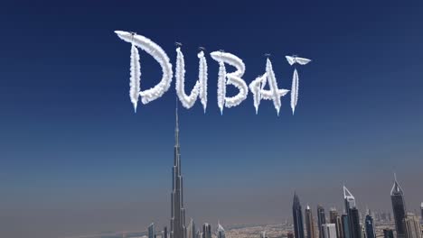 airplanes elegantly writing the name dubai in the clear blue sky, leaving white smoke trails, while the iconic burj khalifa and stunning dubai skyline rise majestically below
