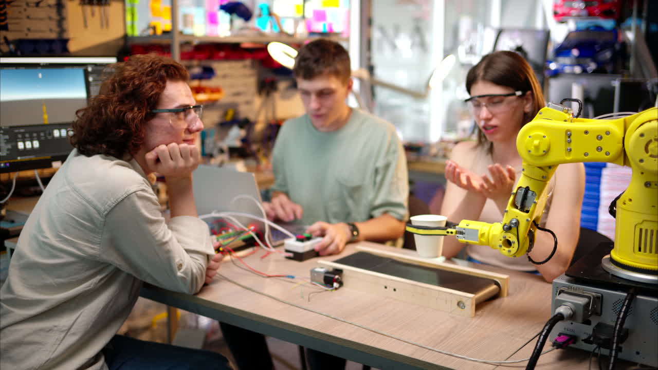 Young happy engineers programming an yellow robotic arm in the workshop to grab cardboard water glass, computer programming training for coffee preparation, celebrating success