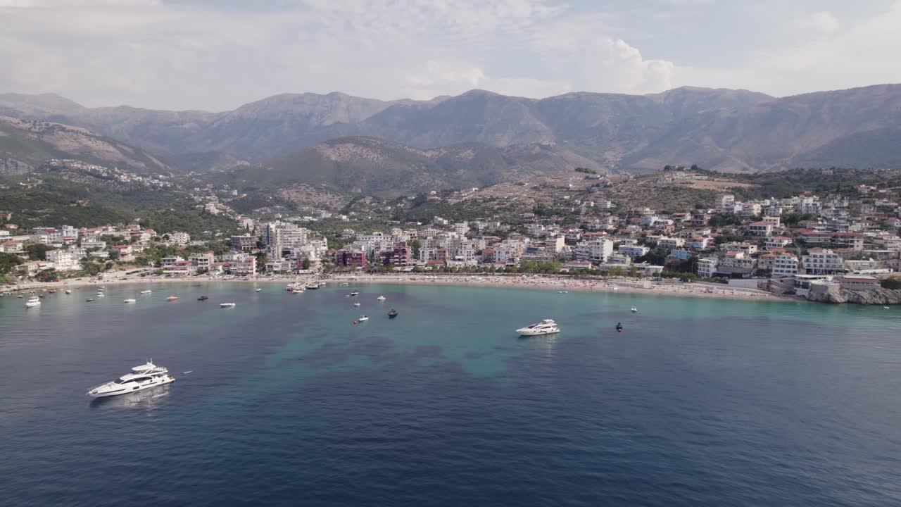 Himare beautiful coastline, Sand beach and Turquoise seascape, Travel destination resorts, Aerial Orbiting