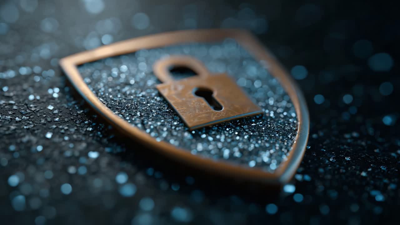 A close-up view of a secure shield featuring a padlock symbol, set against a shimmering textured background, emphasizing themes of protection and security