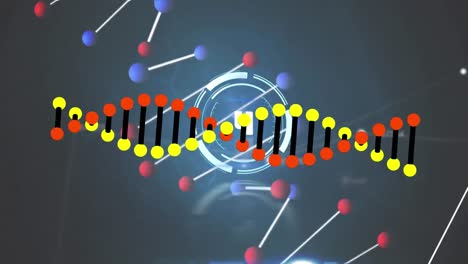 animation of data processing and scope scanning over dna strands on black background