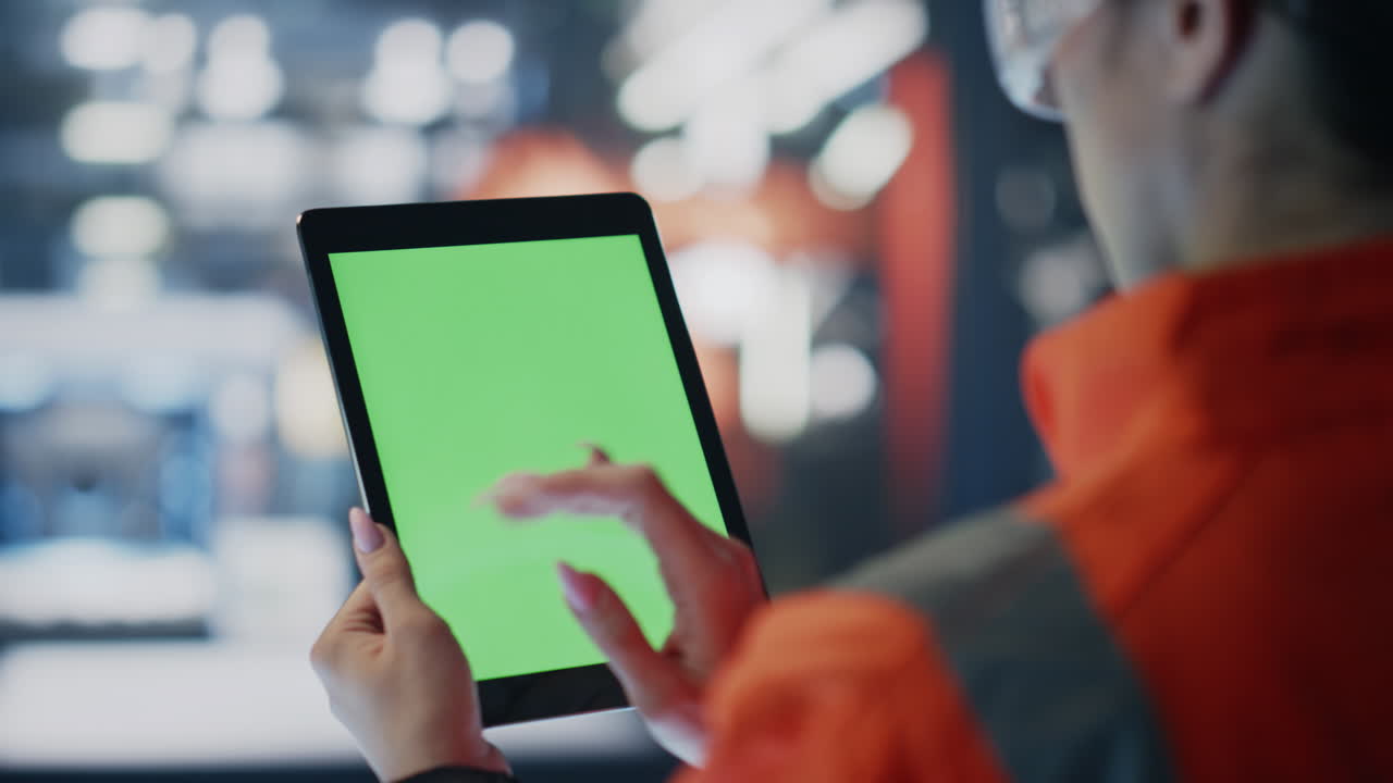 Technician swiping mockup tablet checking data on industrial facility close up.