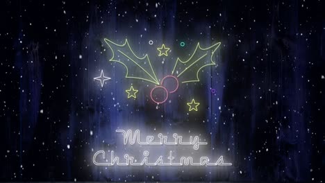 animation of merry christmas text with holly and stars in neon sign, with falling snow at night