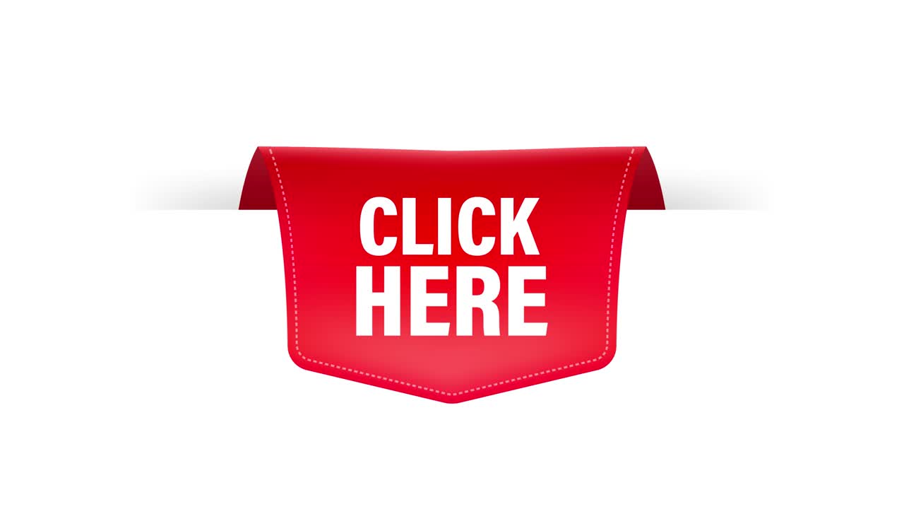 con icono haga clic aquí cinta roja en fondo blanco para el diseño de marketing web. diseño plano. gráficos de movimiento.