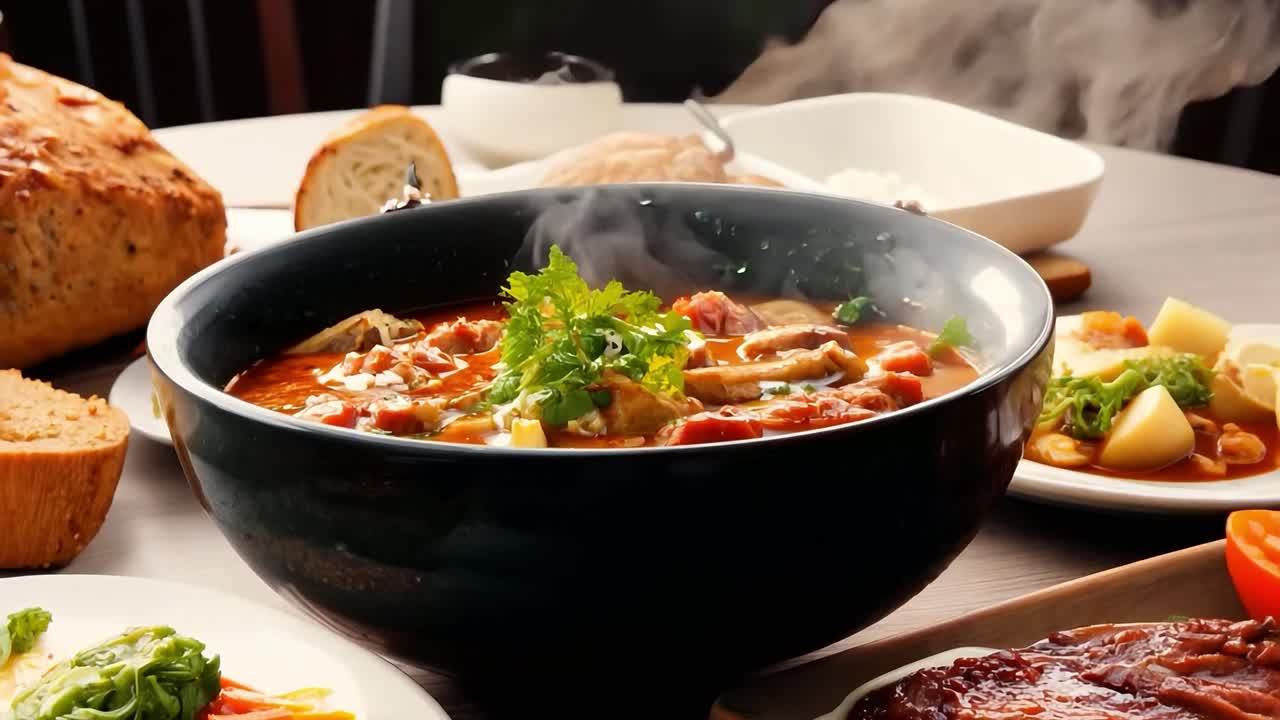Close-up of a bowl of steaming hot stew with bread on the side