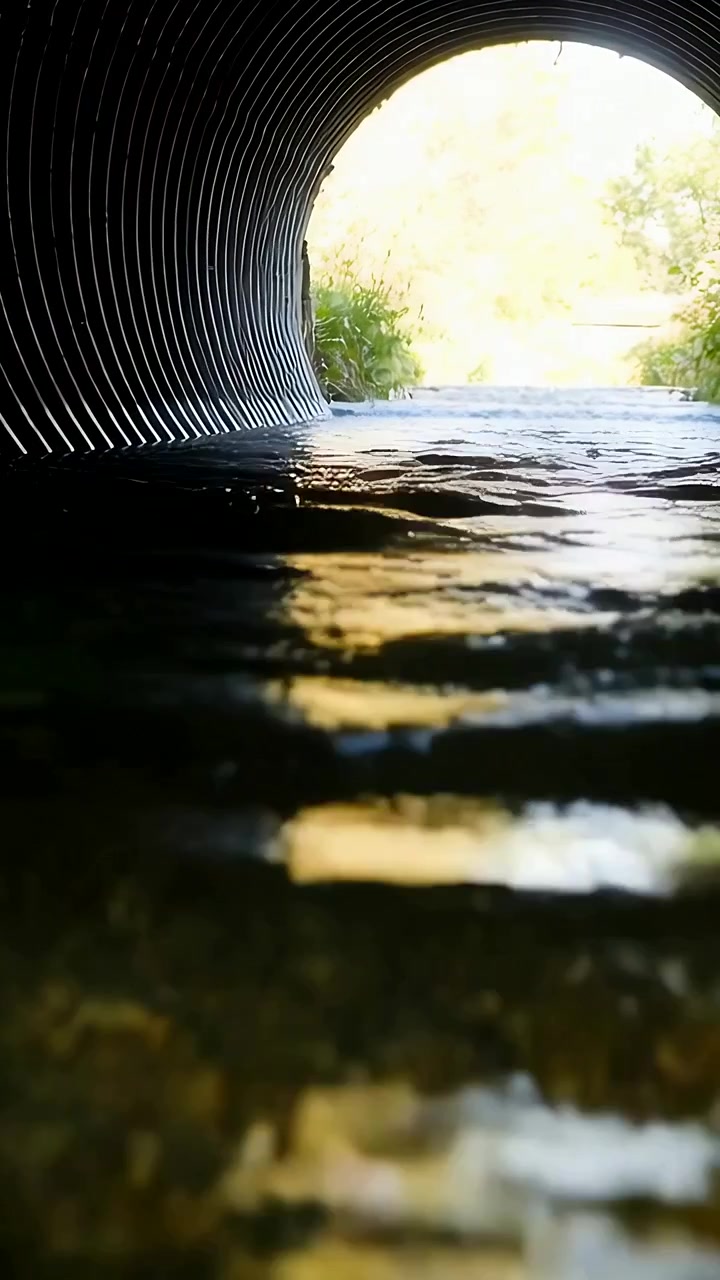 Vertical video: Flowing water in metal culvert from outlet sunlight, casting glow toward grasses