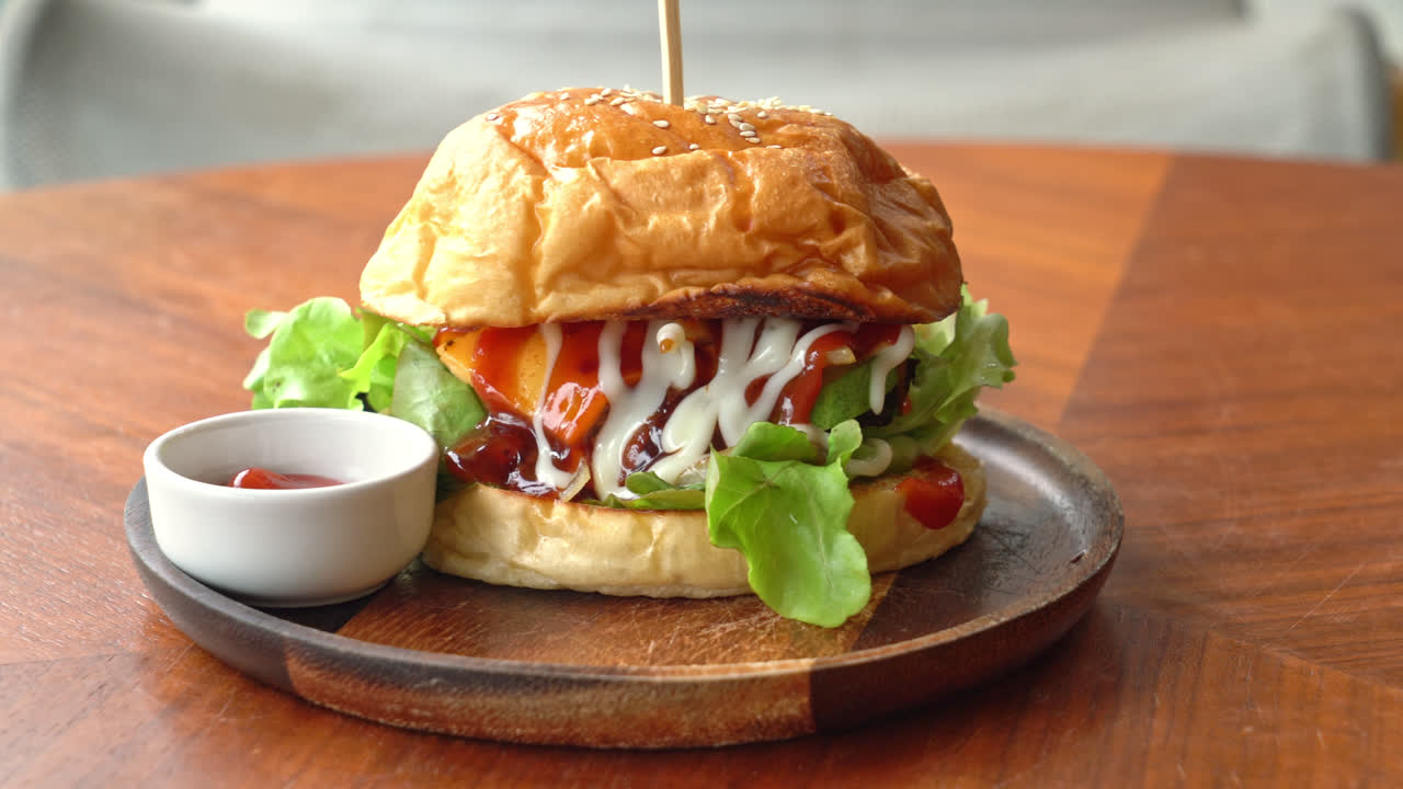 Hamburguesa de ternera con queso y salsa sobre placa de madera