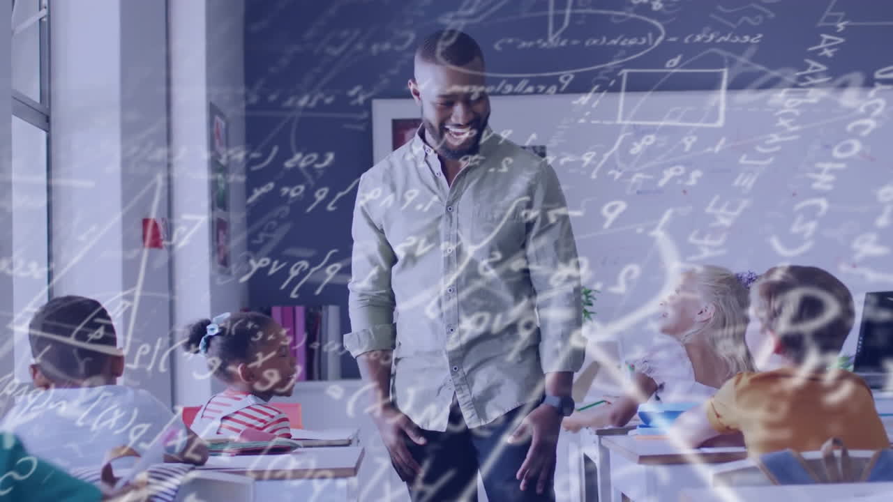 animación de iconos escolares sobre diversos escolares y maestros masculinos en el aula