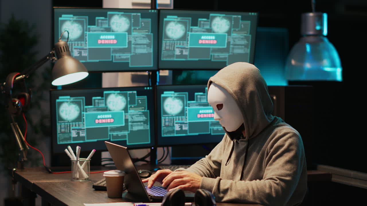 Anonymous hacker coding on laptop