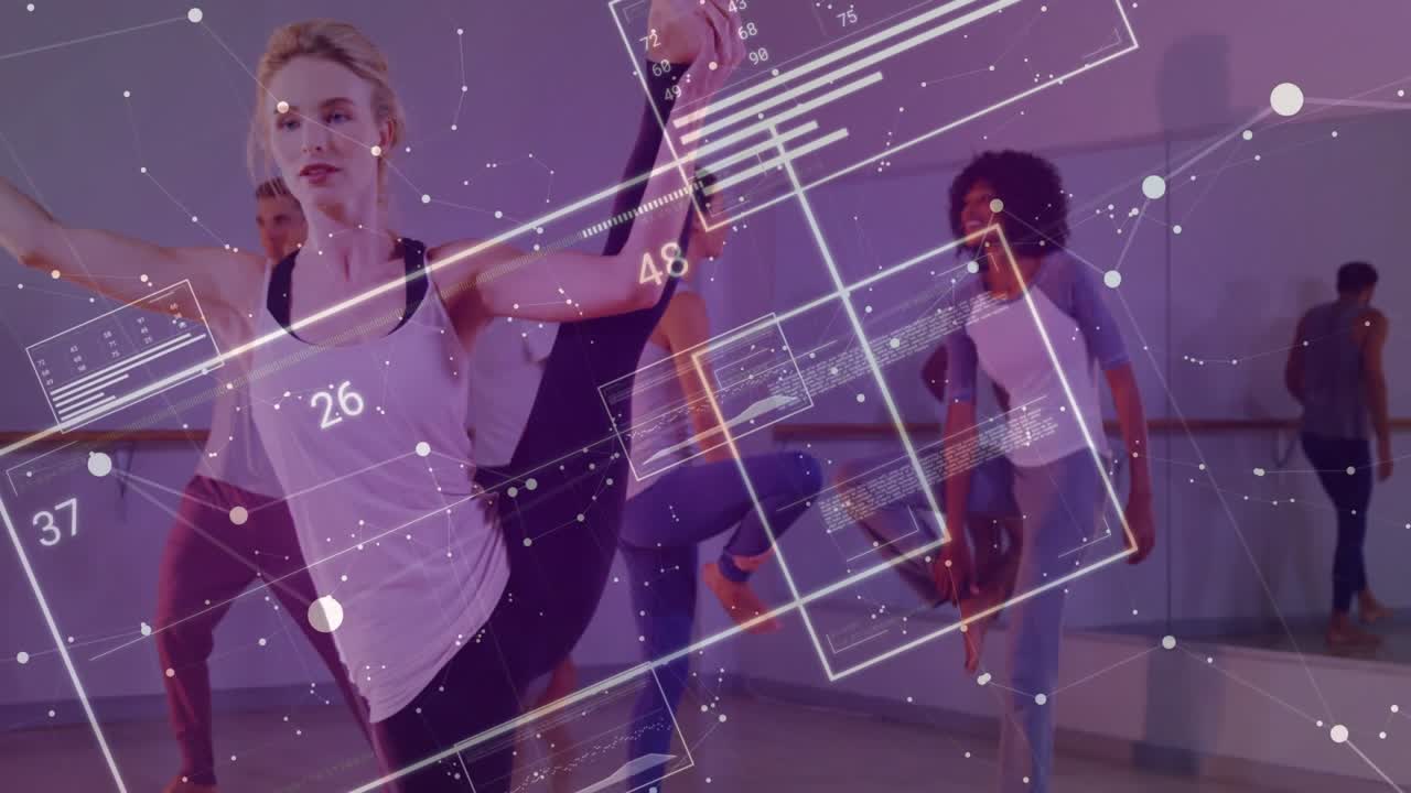 Lead dancer raising leg and holding pose, group rehearsing dance near mirror with HUD over dancers