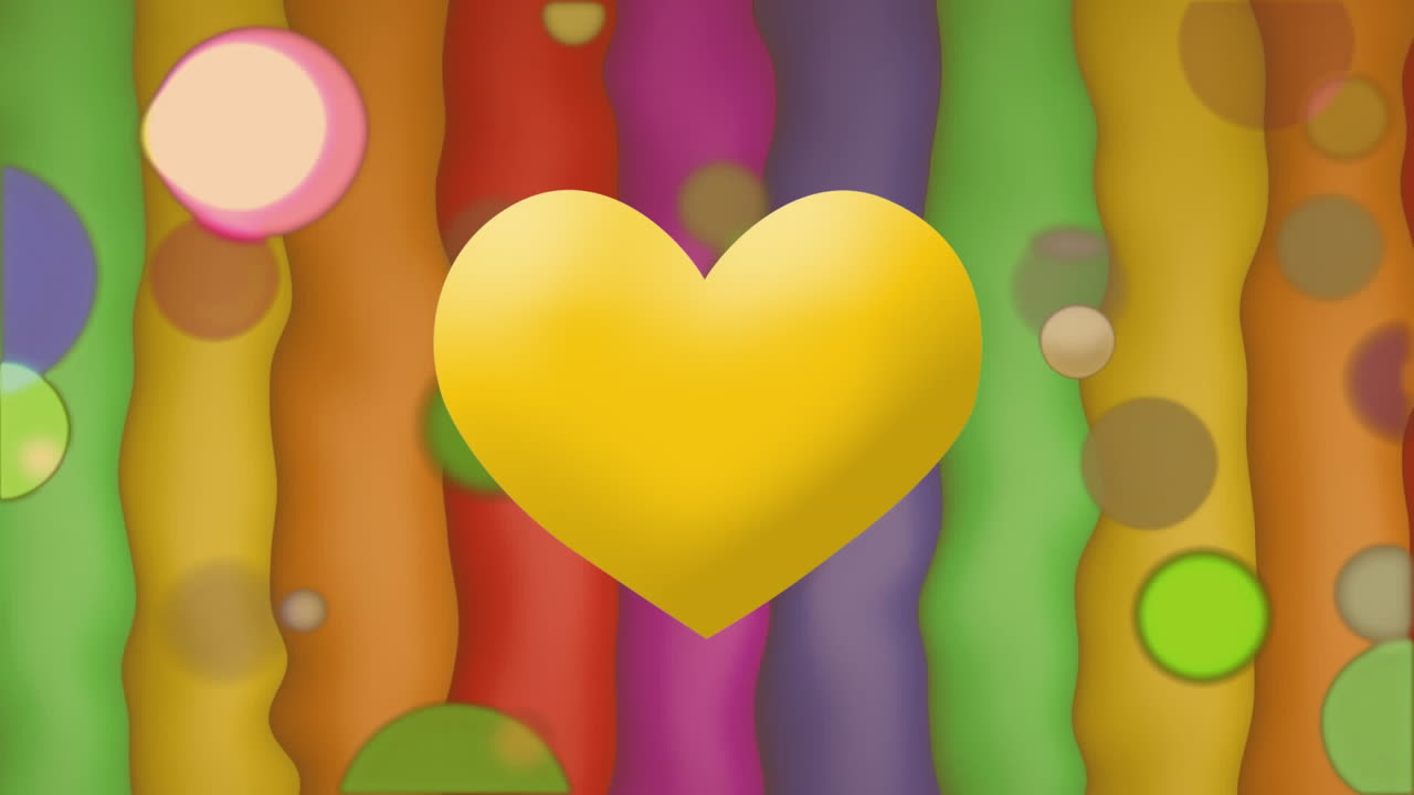 노란색 심장 아이콘의 애니메이션과 다채로운 줄무 배경에 대한 다채로운 반점