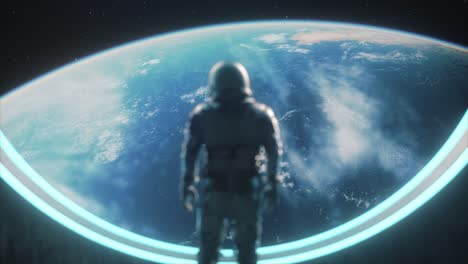 astronaut gazing at earth through a portal