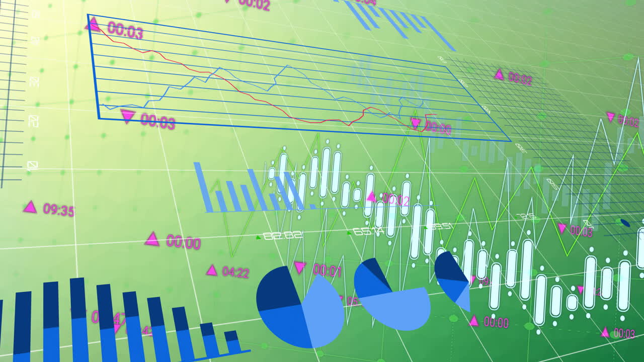 gráficos y gráficos de datos financieros animados sobre un fondo verde