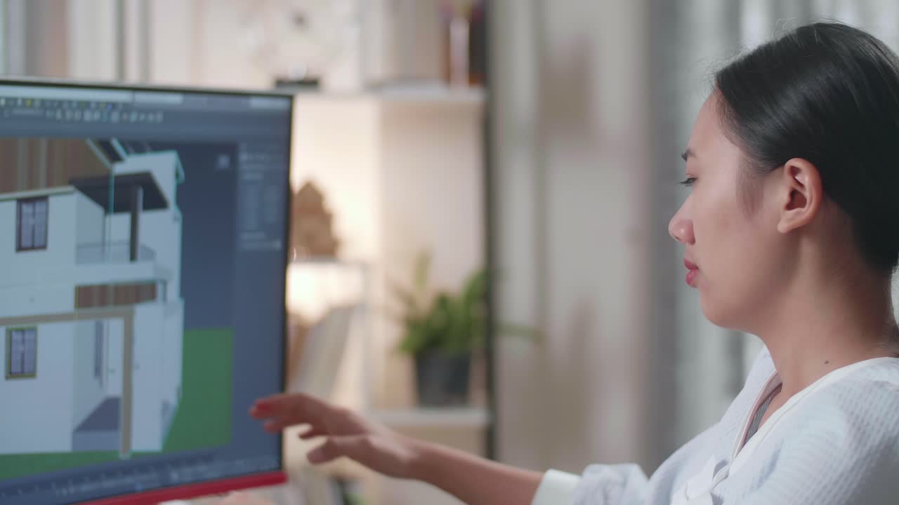 primer plano de una ingeniera asiática que tiene dolor de cabeza mientras diseña una casa en un escritorio en casa. juegos cibernéticos diseño y decoración de casas