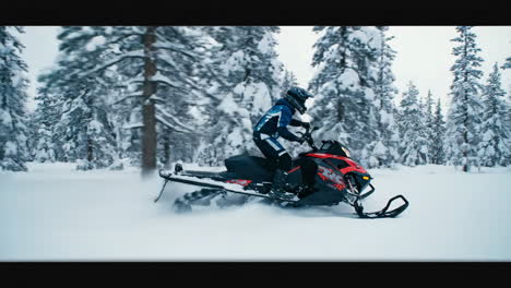 person riding a snowmobile through a snowy forest