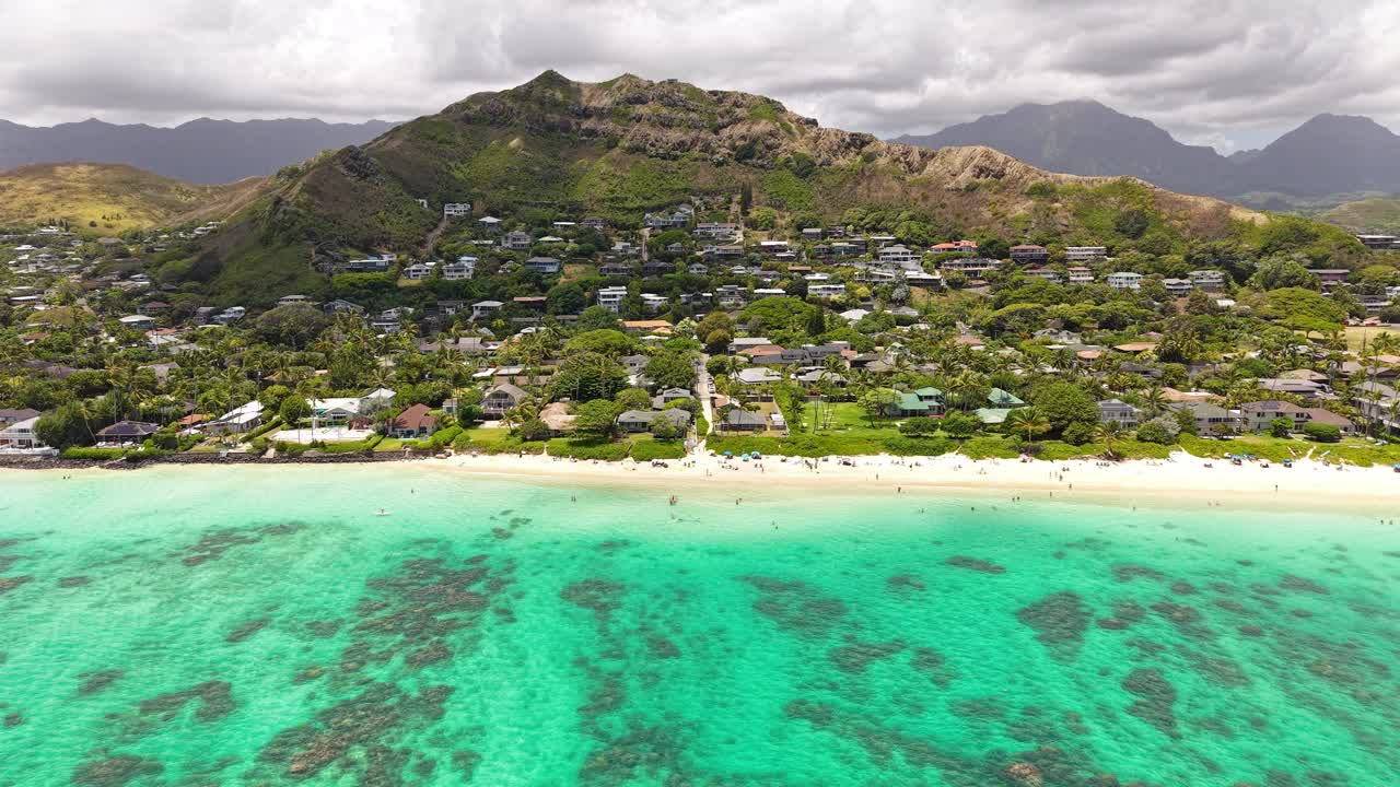 Lanikai Beach and Hills Above Kailua, Oahu Island, Hawaii USA, Establishing Drone Shot