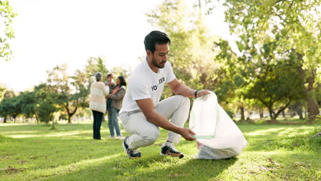 cleaning, volunteer and man in park with litter