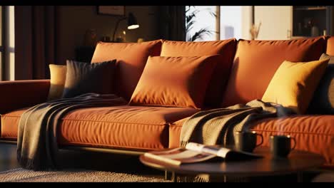 a cozy living room scene featuring a luxurious leather sofa with soft pillows, warm lighting, and a relaxing atmosphere inviting you to unwind and enjoy the comfort