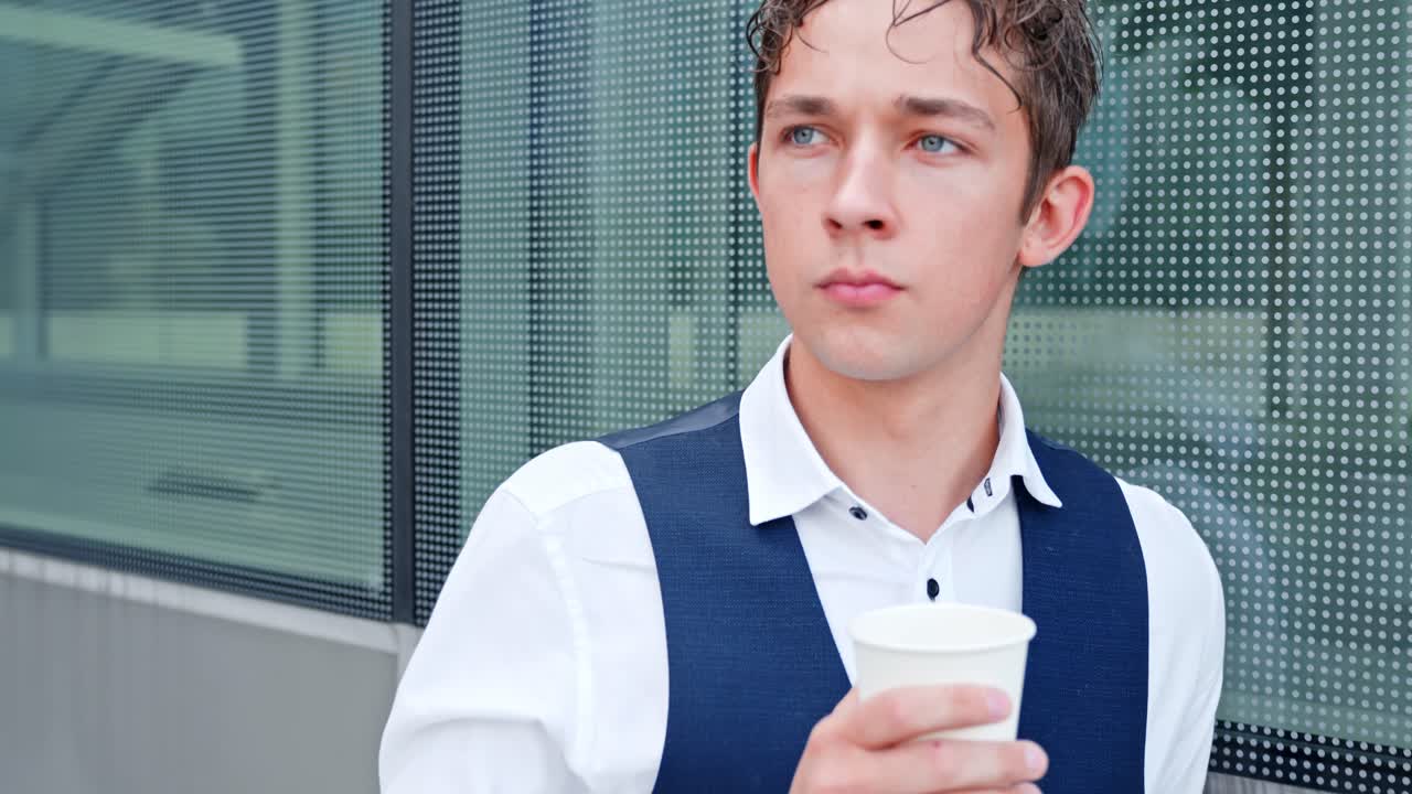 Young professional in vest and shirt pauses with a coffee, leaning against urban architecture and gazing away in a thoughtful moment of ambition, planning and quiet focus, slow motion push in