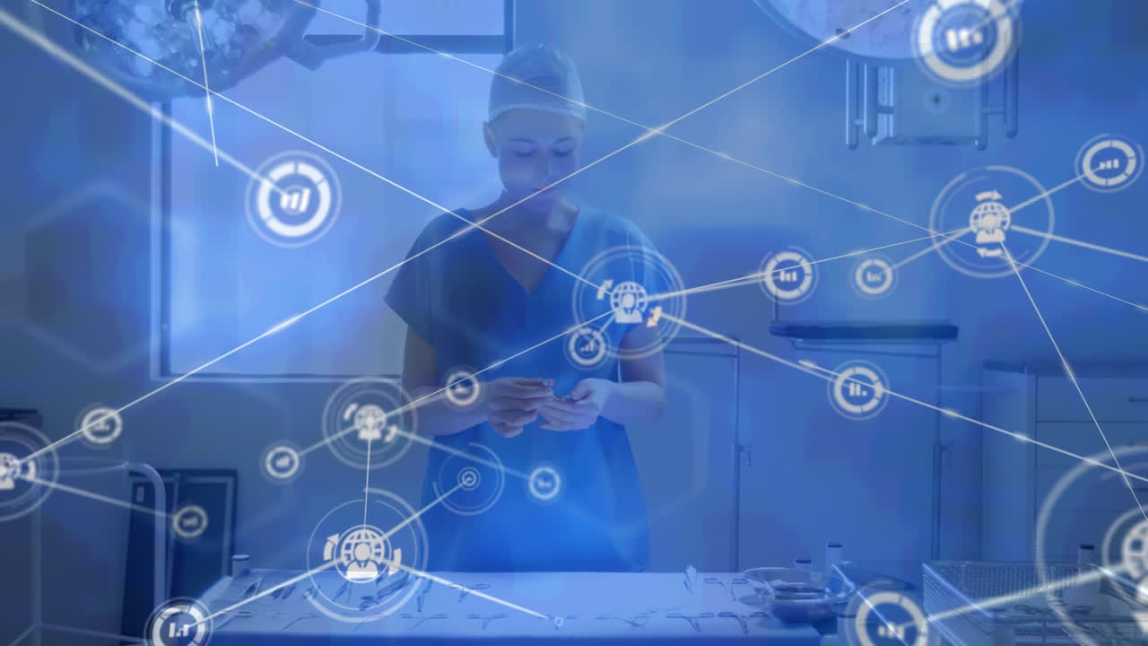 백인 여성 외과 의사가 병원에서 수술 장비를 청소하는 것을 반대하는 디지털 아이콘 네트워크