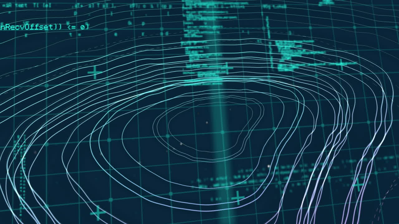 Topographic lines and contour animation over abstract blue and green background