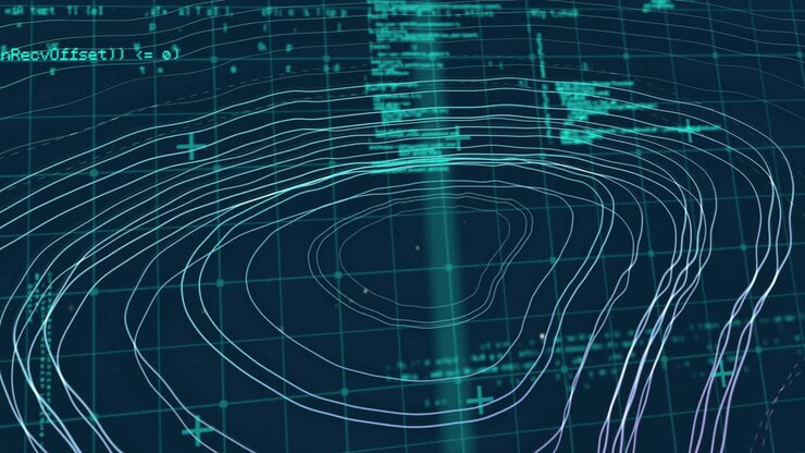 Topographic lines and contour animation over abstract blue and green background