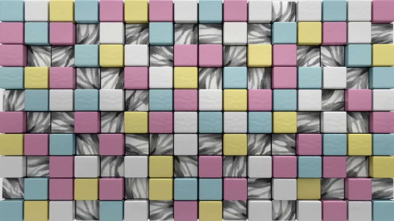 Shifting pastel cube grid revealing black-and-white swirling backing through gaps at studio panel
