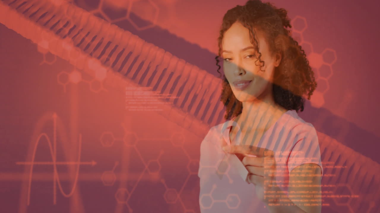 Animation of dna strand and data processing over african american woman holding pink ribbon