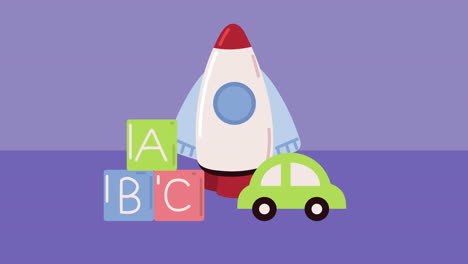 kids toys: rocket, car, and blocks