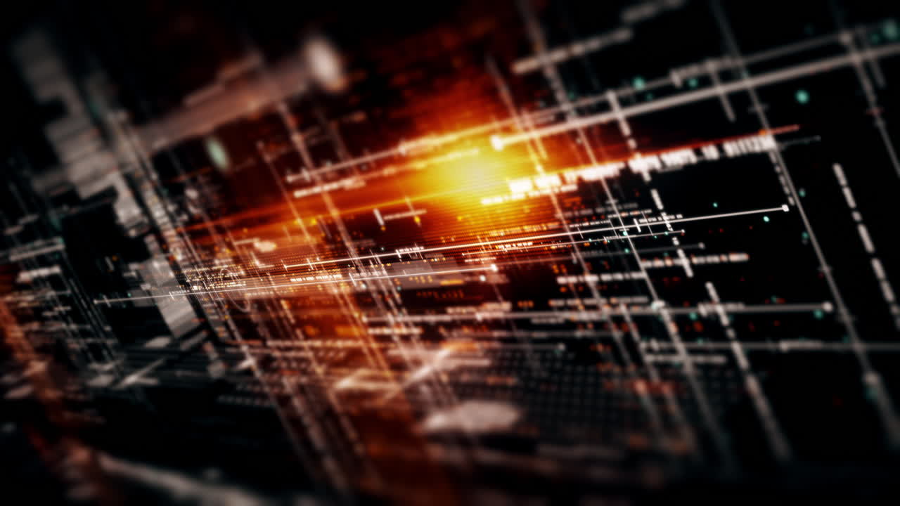 Futuristic abstract de-focus flowing data matrix, meta, metaverse, telemetry and encrypt numbers display with particles simulation in cyber space environment for head up display background-5