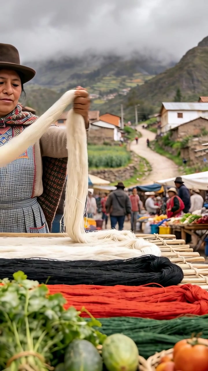 Vertical video: Teasing vendor in brown hat arranging skeins and fiber at market as buyer passing
