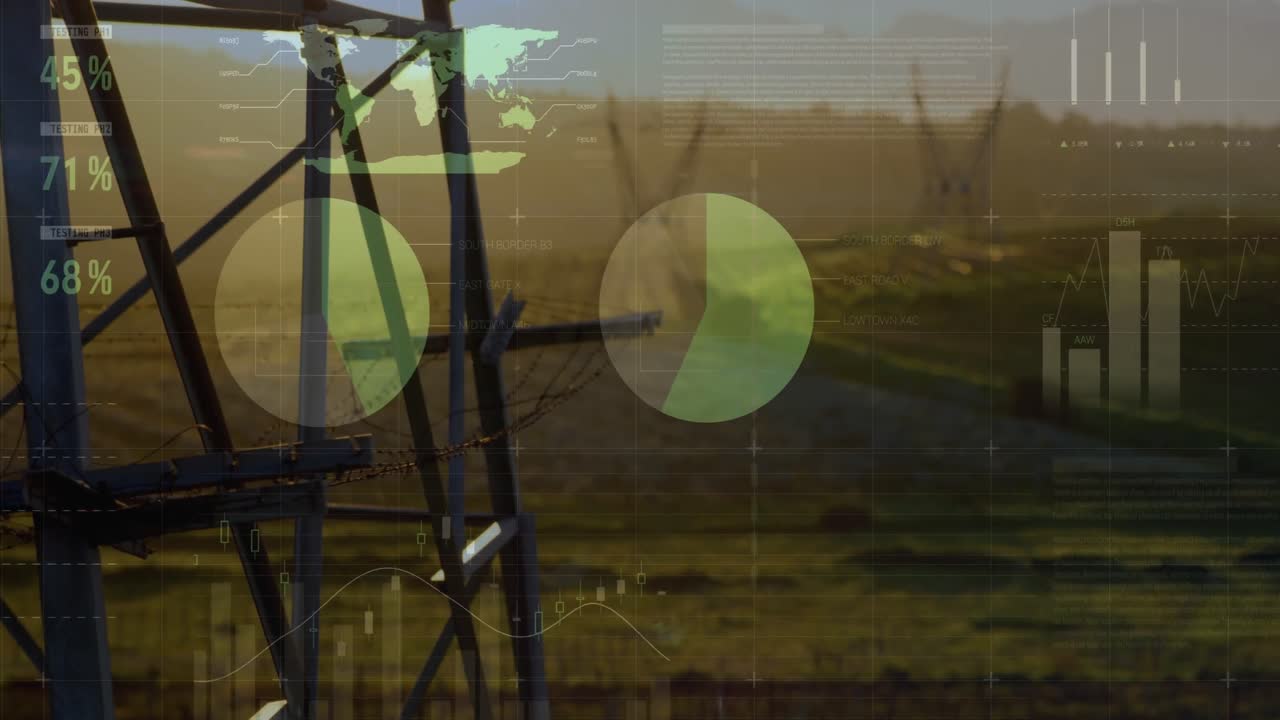 animación de gráficos y datos sobre los postes de electricidad al atardecer