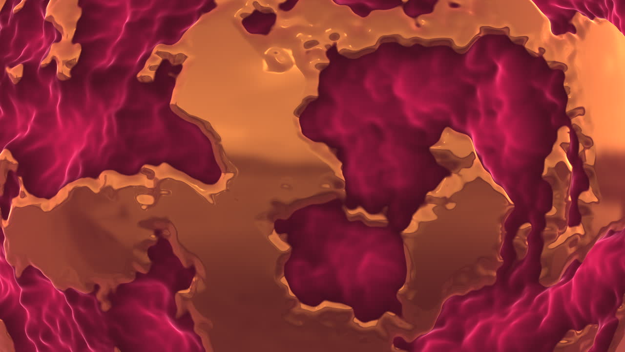 Filmato astratto dinamico di una superficie liquida color oro fuso e magenta in costante movimento, che forma forme organiche e texture fluide, ideale come vivace sfondo per scienza, medicina o tecnologia