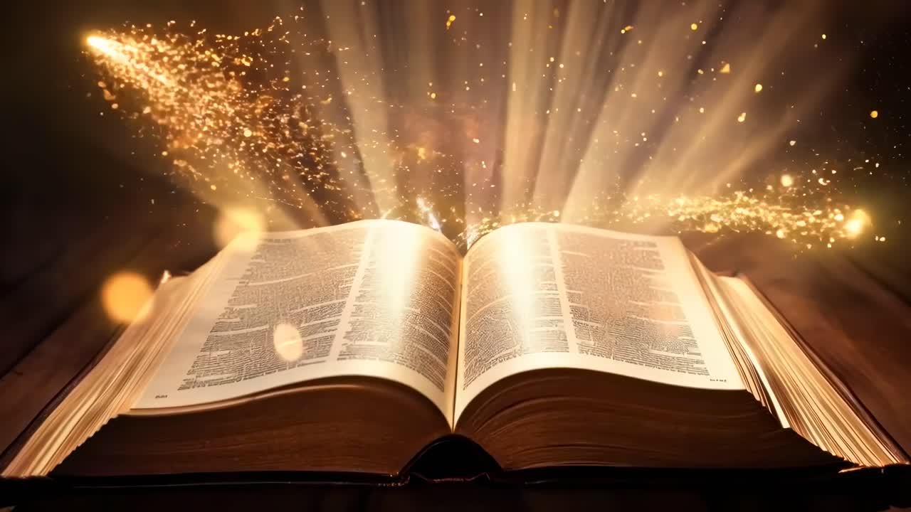 A mystical video concept featuring an open book with glowing pages. Shot from a low angle, golden